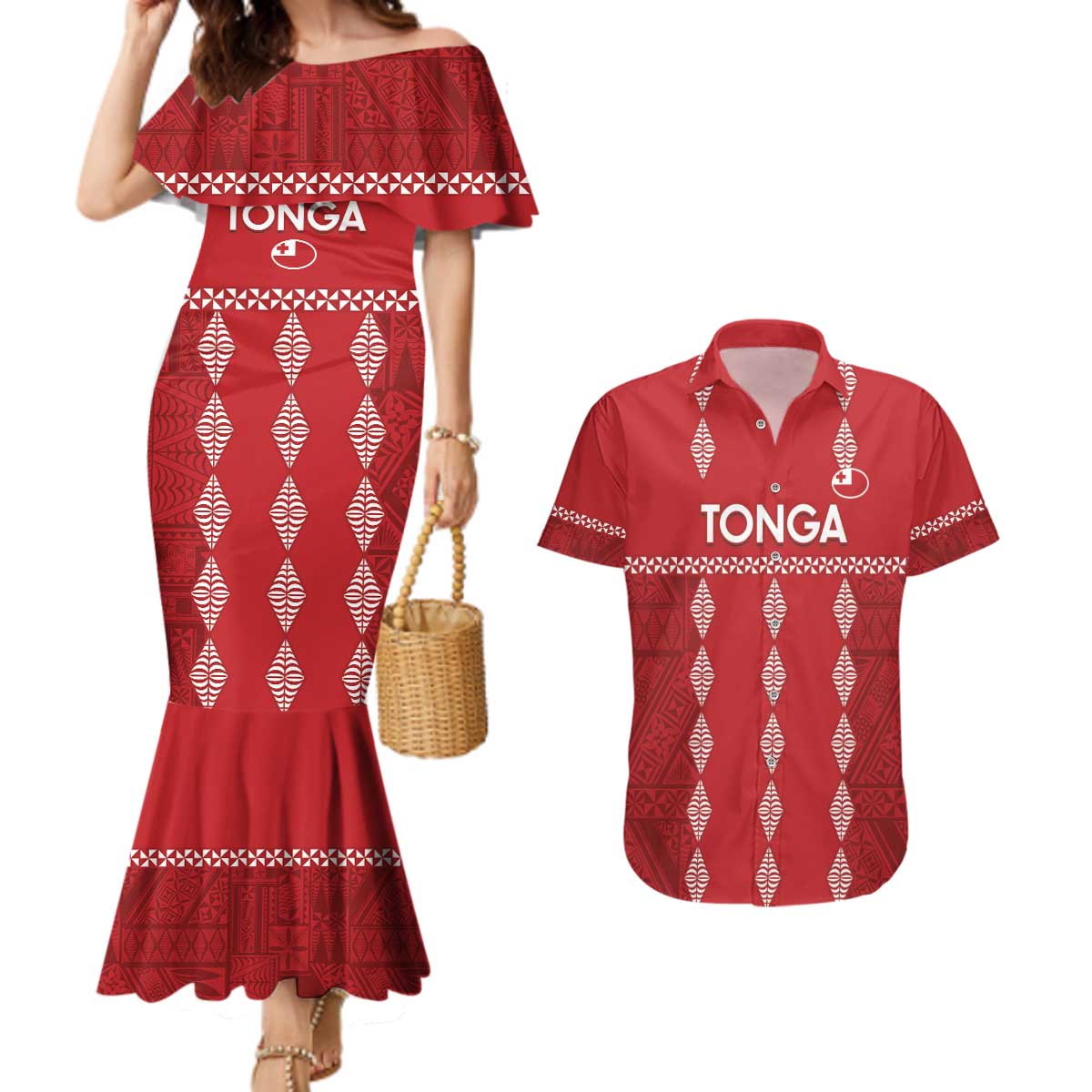 Custom Tonga Rugby 2024 Couples Matching Mermaid Dress and Hawaiian Shirt Go Champions Ikale Tahi Ngatu Pattern