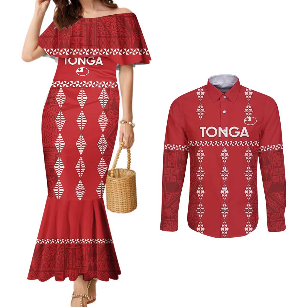 Custom Tonga Rugby 2024 Couples Matching Mermaid Dress and Long Sleeve Button Shirt Go Champions Ikale Tahi Ngatu Pattern LT14 Red - Polynesian Pride