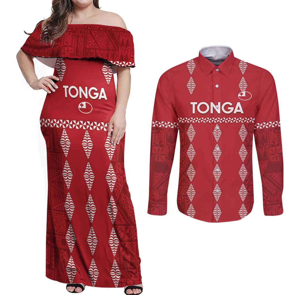 Custom Tonga Rugby 2024 Couples Matching Off Shoulder Maxi Dress and Long Sleeve Button Shirt Go Champions Ikale Tahi Ngatu Pattern