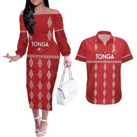 Custom Tonga Rugby 2024 Couples Matching Off The Shoulder Long Sleeve Dress and Hawaiian Shirt Go Champions Ikale Tahi Ngatu Pattern