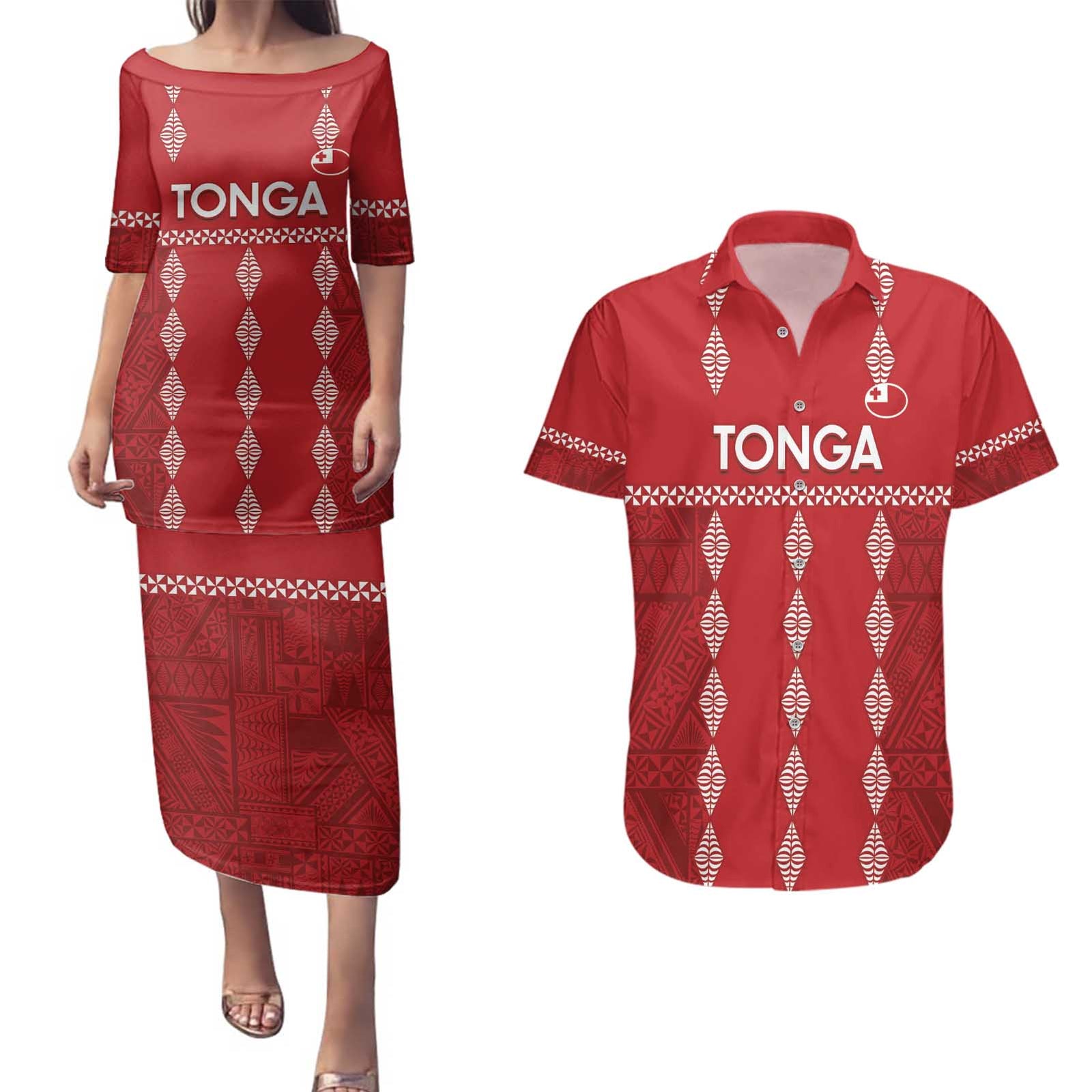 Custom Tonga Rugby 2024 Couples Matching Puletasi and Hawaiian Shirt Go Champions Ikale Tahi Ngatu Pattern LT14 Red - Polynesian Pride