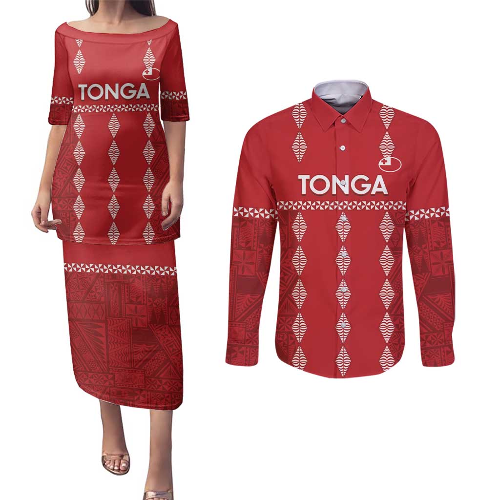 Custom Tonga Rugby 2024 Couples Matching Puletasi and Long Sleeve Button Shirt Go Champions Ikale Tahi Ngatu Pattern