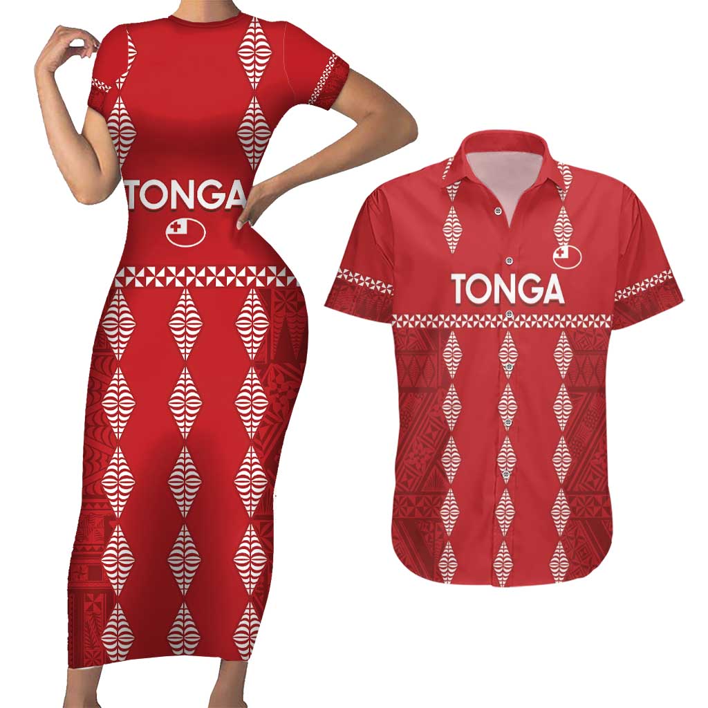 Custom Tonga Rugby 2024 Couples Matching Short Sleeve Bodycon Dress and Hawaiian Shirt Go Champions Ikale Tahi Ngatu Pattern LT14 Red - Polynesian Pride
