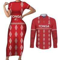 Custom Tonga Rugby 2024 Couples Matching Short Sleeve Bodycon Dress and Long Sleeve Button Shirt Go Champions Ikale Tahi Ngatu Pattern LT14 Red - Polynesian Pride
