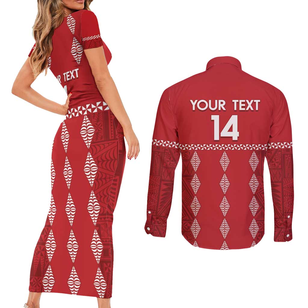 Custom Tonga Rugby 2024 Couples Matching Short Sleeve Bodycon Dress and Long Sleeve Button Shirt Go Champions Ikale Tahi Ngatu Pattern LT14 - Polynesian Pride