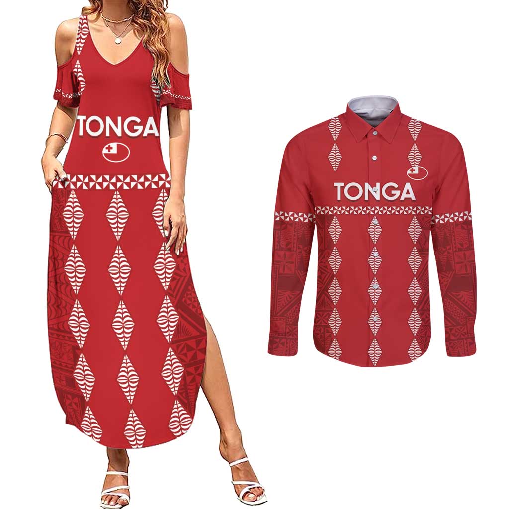 Custom Tonga Rugby 2024 Couples Matching Summer Maxi Dress and Long Sleeve Button Shirt Go Champions Ikale Tahi Ngatu Pattern LT14 Red - Polynesian Pride