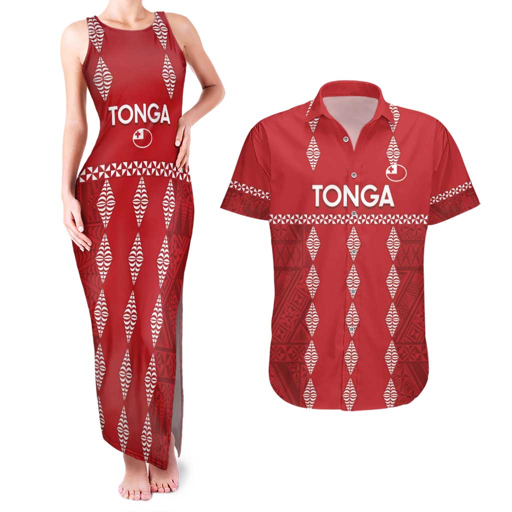 Custom Tonga Rugby 2024 Couples Matching Tank Maxi Dress and Hawaiian Shirt Go Champions Ikale Tahi Ngatu Pattern LT14 Red - Polynesian Pride