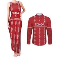 Custom Tonga Rugby 2024 Couples Matching Tank Maxi Dress and Long Sleeve Button Shirt Go Champions Ikale Tahi Ngatu Pattern LT14 Red - Polynesian Pride