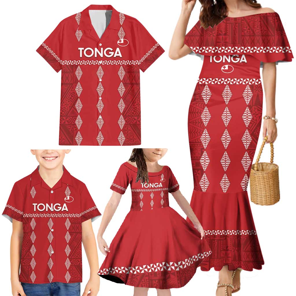 Custom Tonga Rugby 2024 Family Matching Mermaid Dress and Hawaiian Shirt Go Champions Ikale Tahi Ngatu Pattern