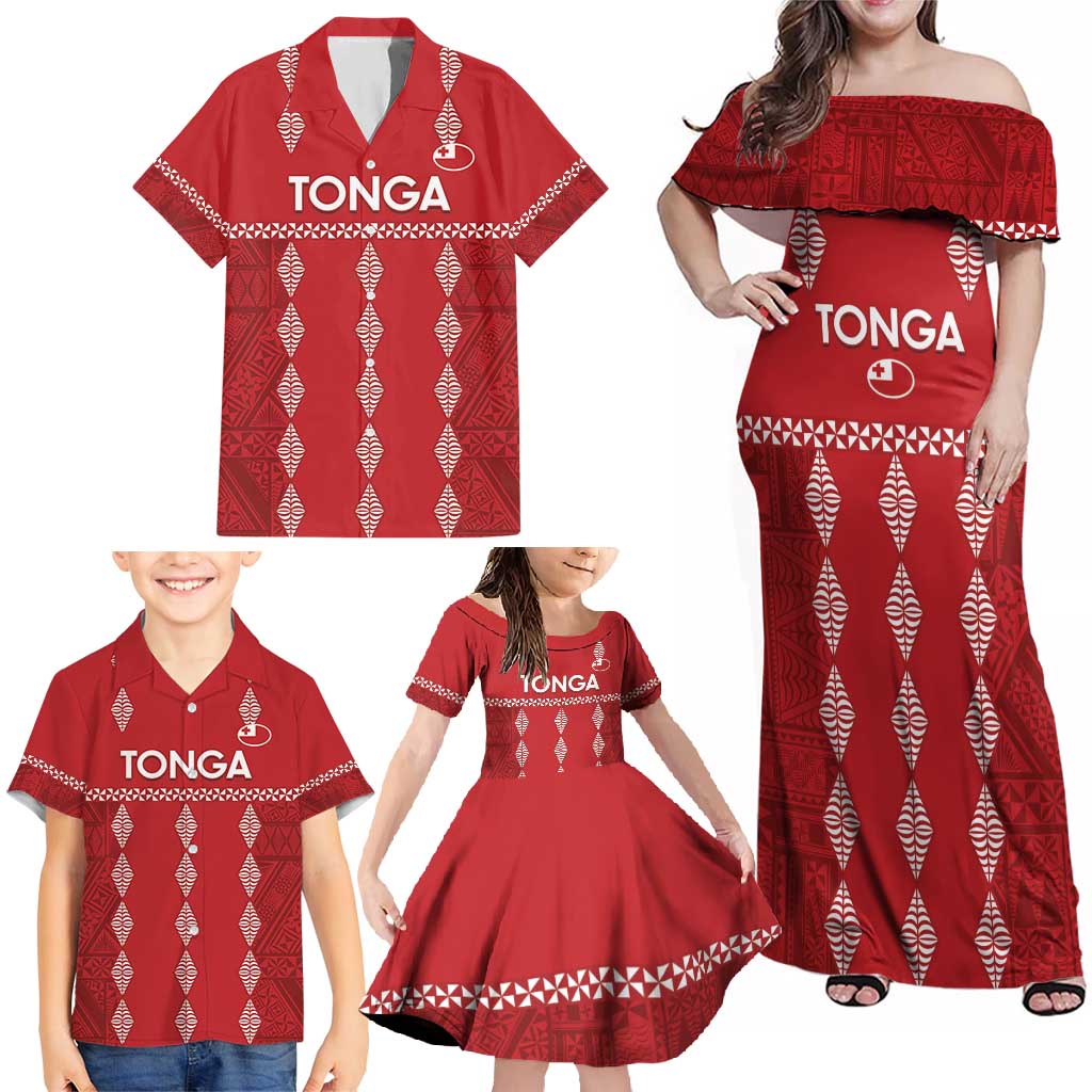 Custom Tonga Rugby 2024 Family Matching Off Shoulder Maxi Dress and Hawaiian Shirt Go Champions Ikale Tahi Ngatu Pattern