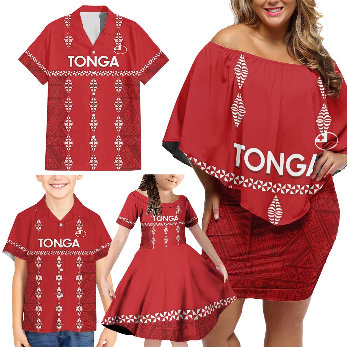 Custom Tonga Rugby 2024 Family Matching Off Shoulder Short Dress and Hawaiian Shirt Go Champions Ikale Tahi Ngatu Pattern