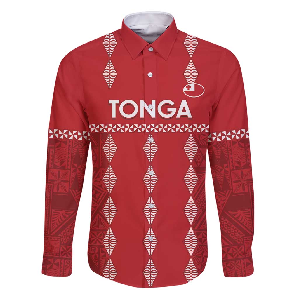 Custom Tonga Rugby 2024 Family Matching Summer Maxi Dress and Hawaiian Shirt Go Champions Ikale Tahi Ngatu Pattern LT14 Dad's Shirt - Long Sleeve Red - Polynesian Pride