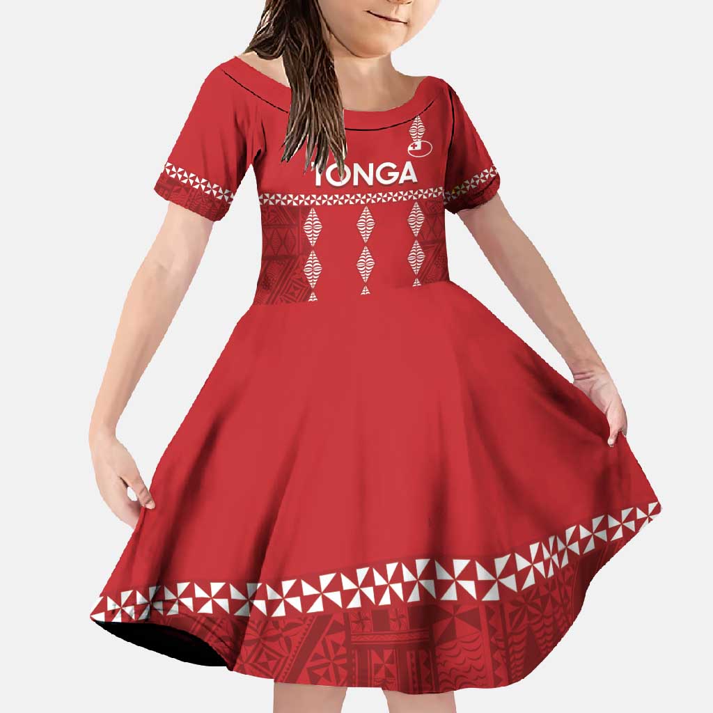 Custom Tonga Rugby 2024 Family Matching Tank Maxi Dress and Hawaiian Shirt Go Champions Ikale Tahi Ngatu Pattern LT14 Daughter's Dress Red - Polynesian Pride