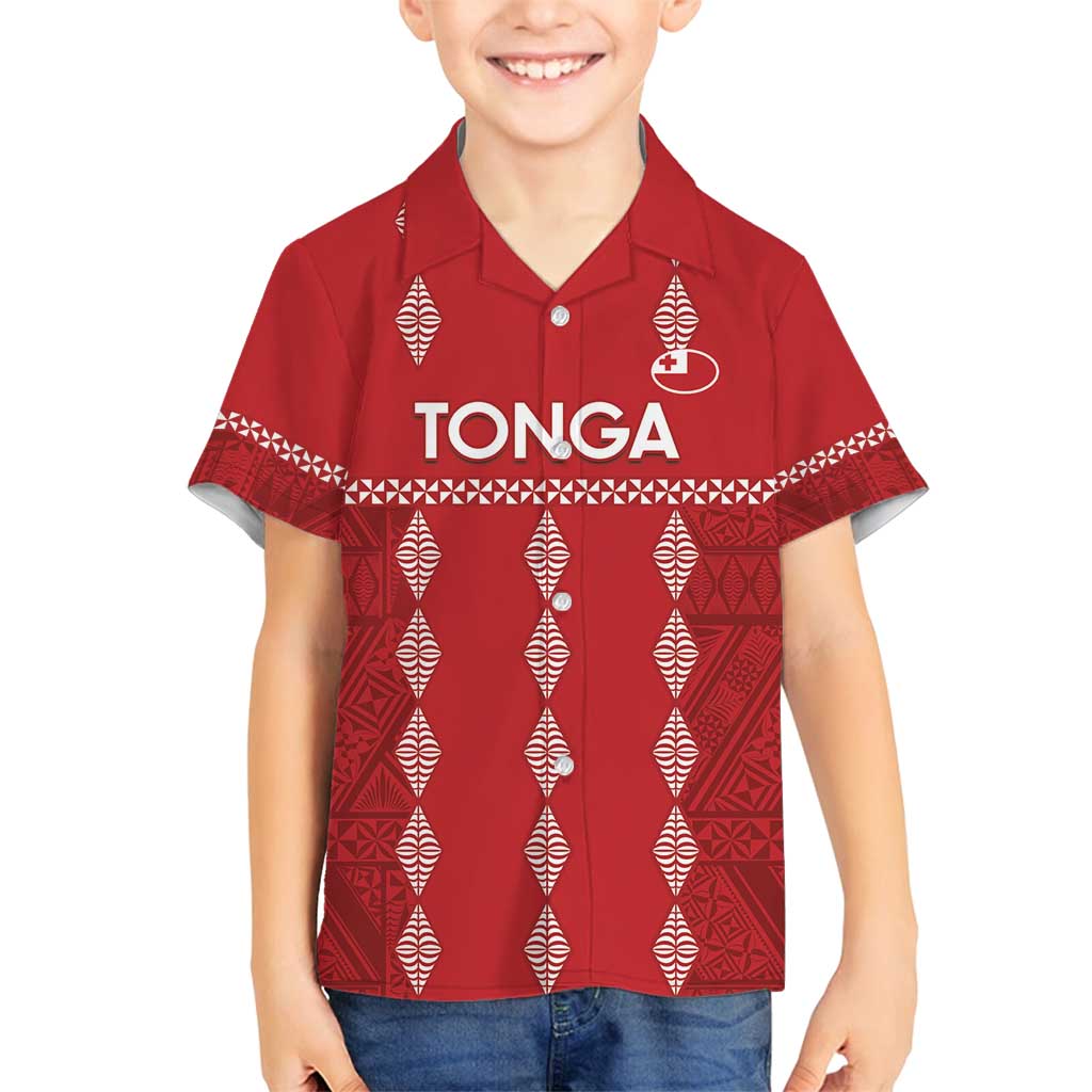 Custom Tonga Rugby 2024 Family Matching Tank Maxi Dress and Hawaiian Shirt Go Champions Ikale Tahi Ngatu Pattern LT14 Son's Shirt Red - Polynesian Pride