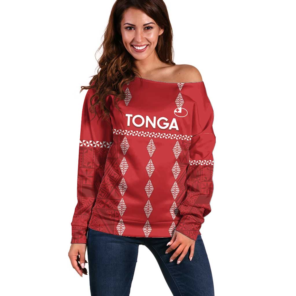 Custom Tonga Rugby 2024 Off Shoulder Sweater Go Champions Ikale Tahi Ngatu Pattern