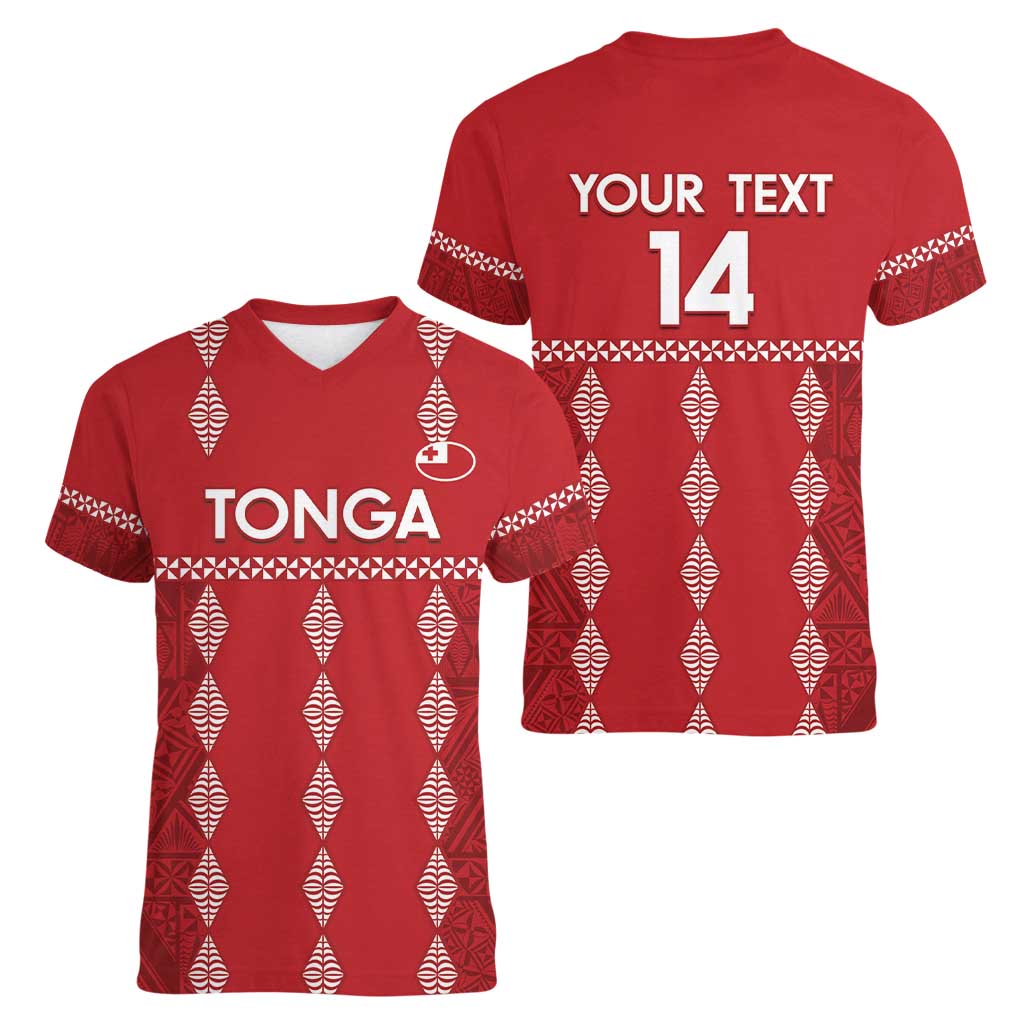 Custom Tonga Rugby 2024 Women V-Neck T-Shirt Go Champions Ikale Tahi Ngatu Pattern