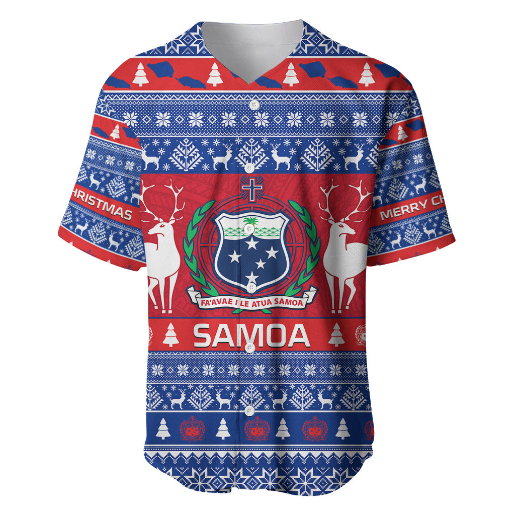 Personalised Samoa Christmas Baseball Jersey Samoan Coat Of Arms Manuia Le Kirisimas LT14 Blue - Polynesian Pride