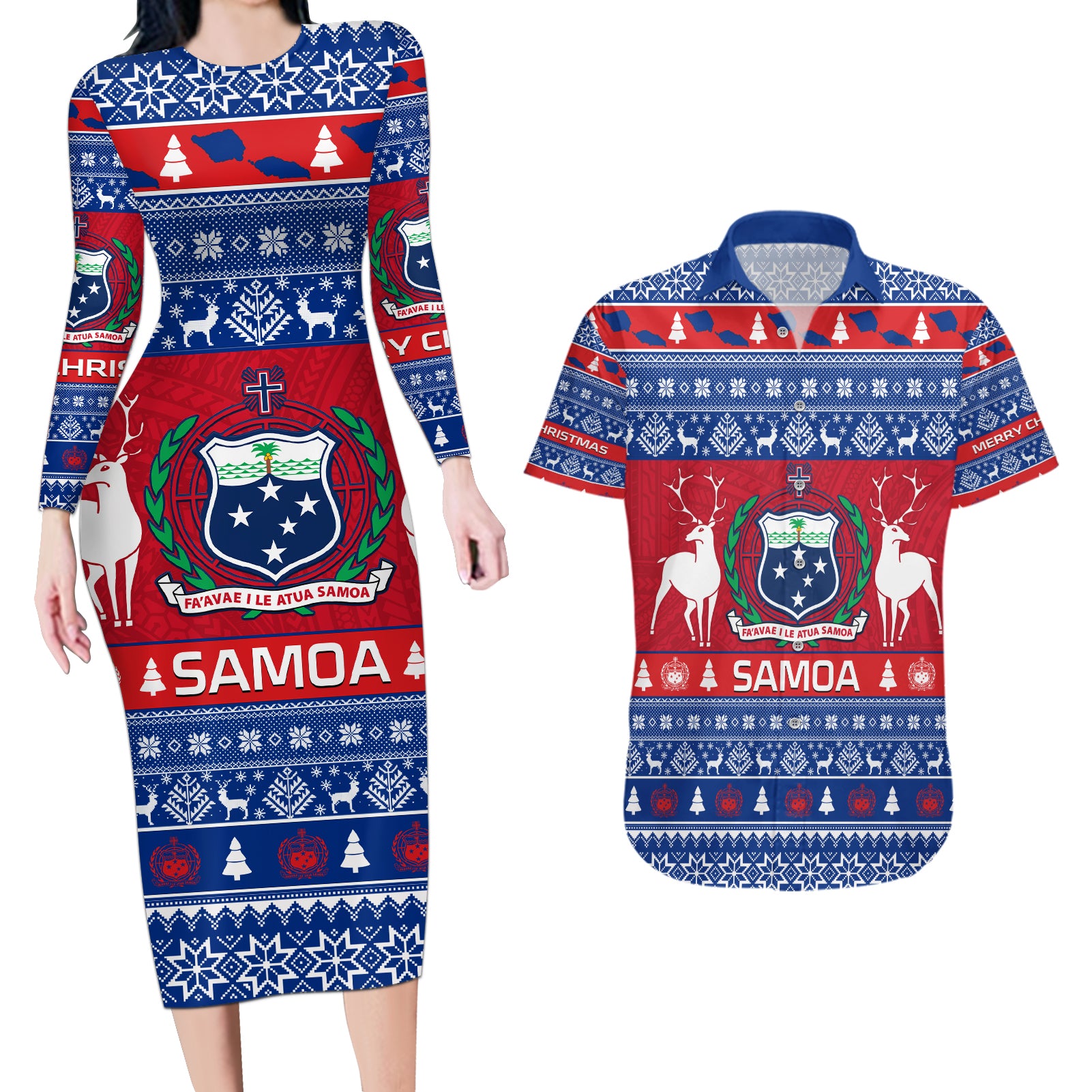 Personalised Samoa Christmas Couples Matching Long Sleeve Bodycon Dress and Hawaiian Shirt Samoan Coat Of Arms Manuia Le Kirisimas LT14 Blue - Polynesian Pride