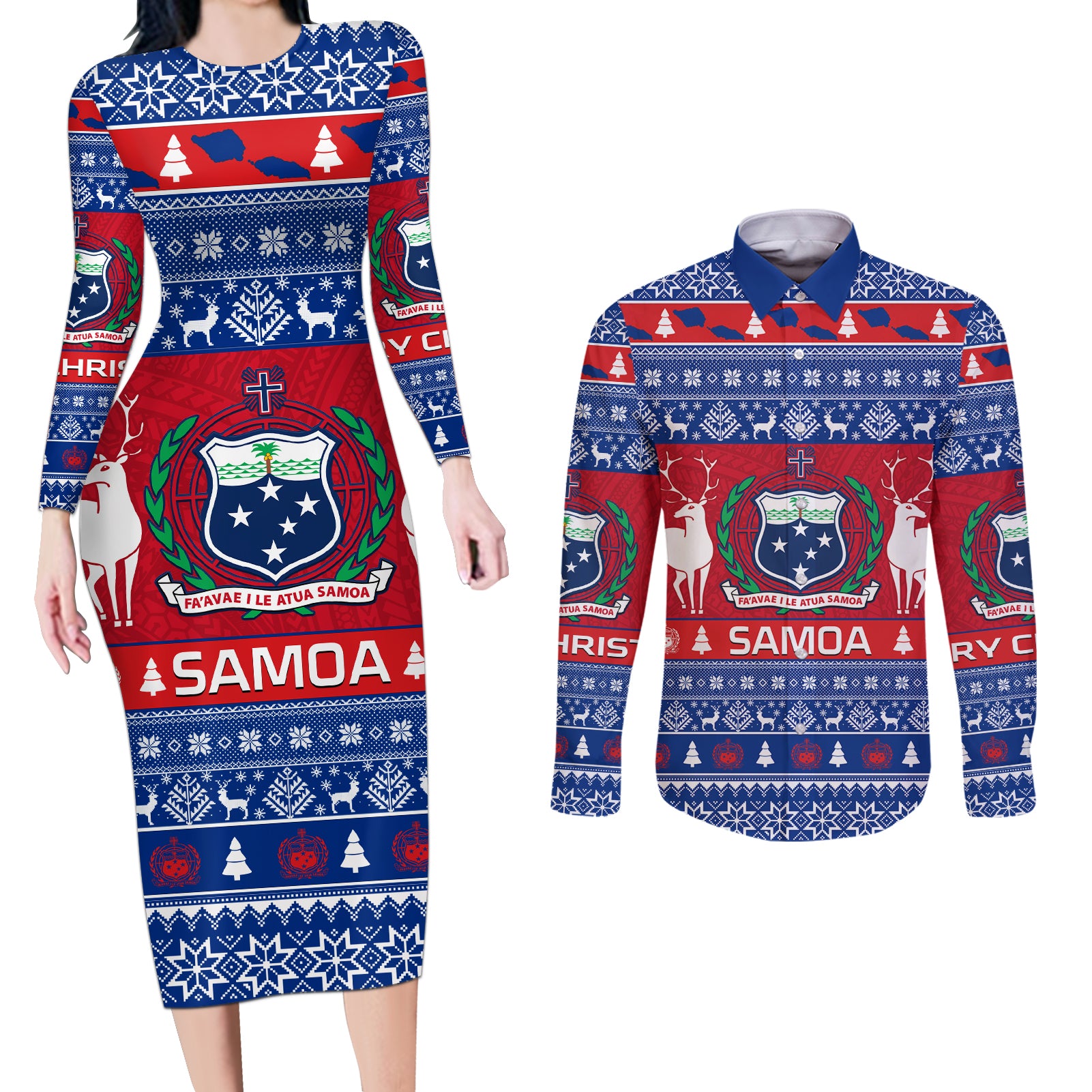 Personalised Samoa Christmas Couples Matching Long Sleeve Bodycon Dress and Long Sleeve Button Shirts Samoan Coat Of Arms Manuia Le Kirisimas LT14 Blue - Polynesian Pride