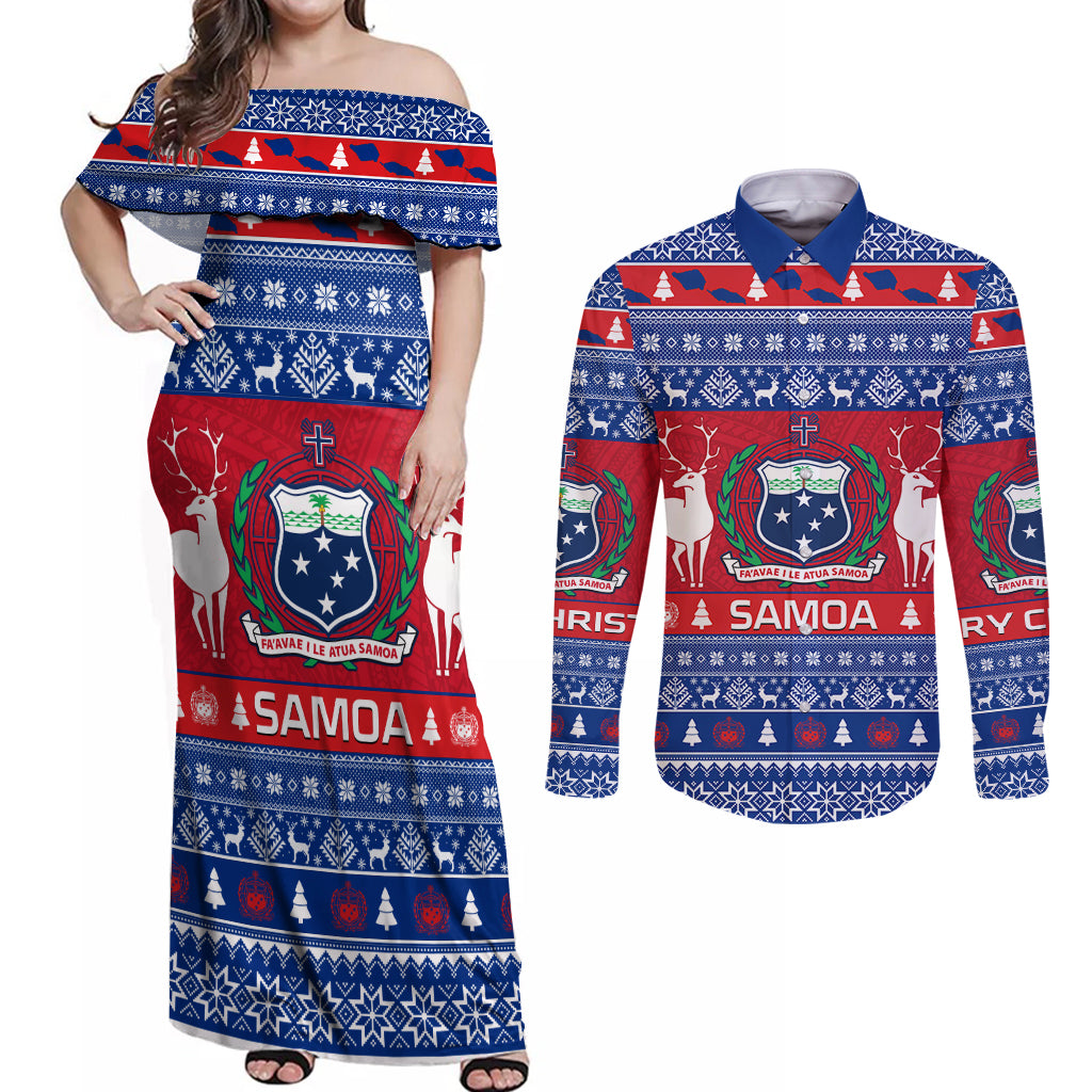 Personalised Samoa Christmas Couples Matching Off Shoulder Maxi Dress and Long Sleeve Button Shirts Samoan Coat Of Arms Manuia Le Kirisimas LT14 Blue - Polynesian Pride