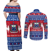 Personalised Samoa Christmas Couples Matching Off Shoulder Maxi Dress and Long Sleeve Button Shirts Samoan Coat Of Arms Manuia Le Kirisimas LT14 - Polynesian Pride