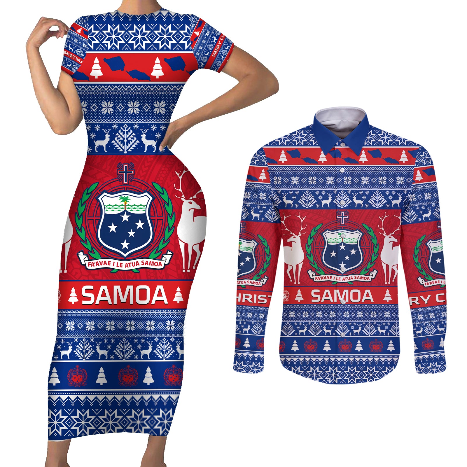 Personalised Samoa Christmas Couples Matching Short Sleeve Bodycon Dress and Long Sleeve Button Shirts Samoan Coat Of Arms Manuia Le Kirisimas LT14 Blue - Polynesian Pride