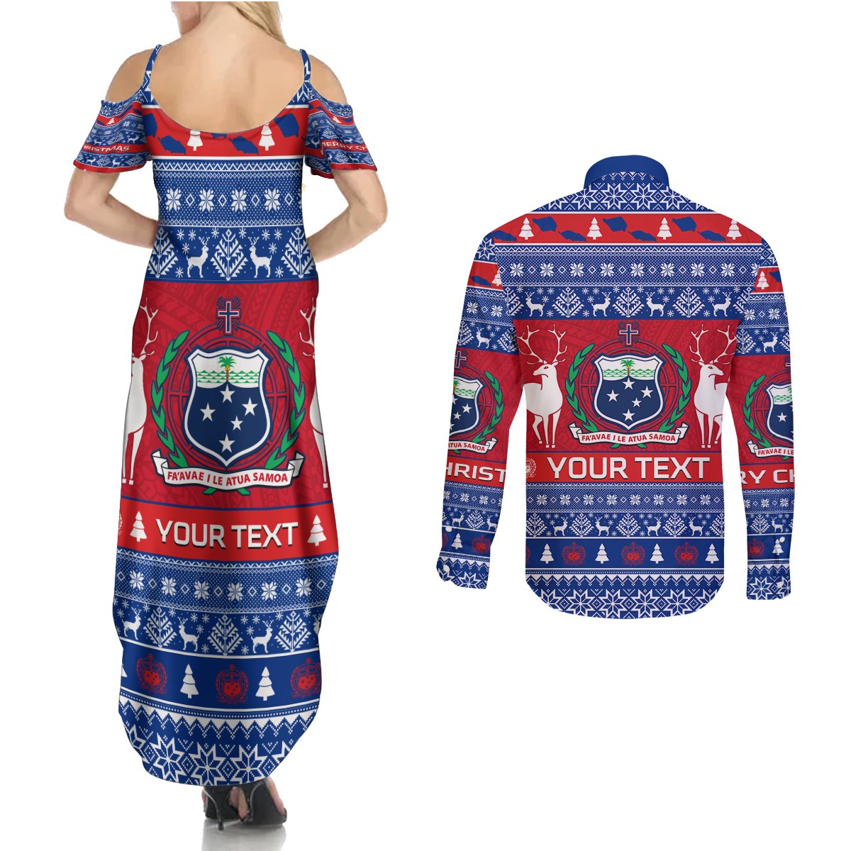 Personalised Samoa Christmas Couples Matching Summer Maxi Dress and Long Sleeve Button Shirts Samoan Coat Of Arms Manuia Le Kirisimas LT14 - Polynesian Pride
