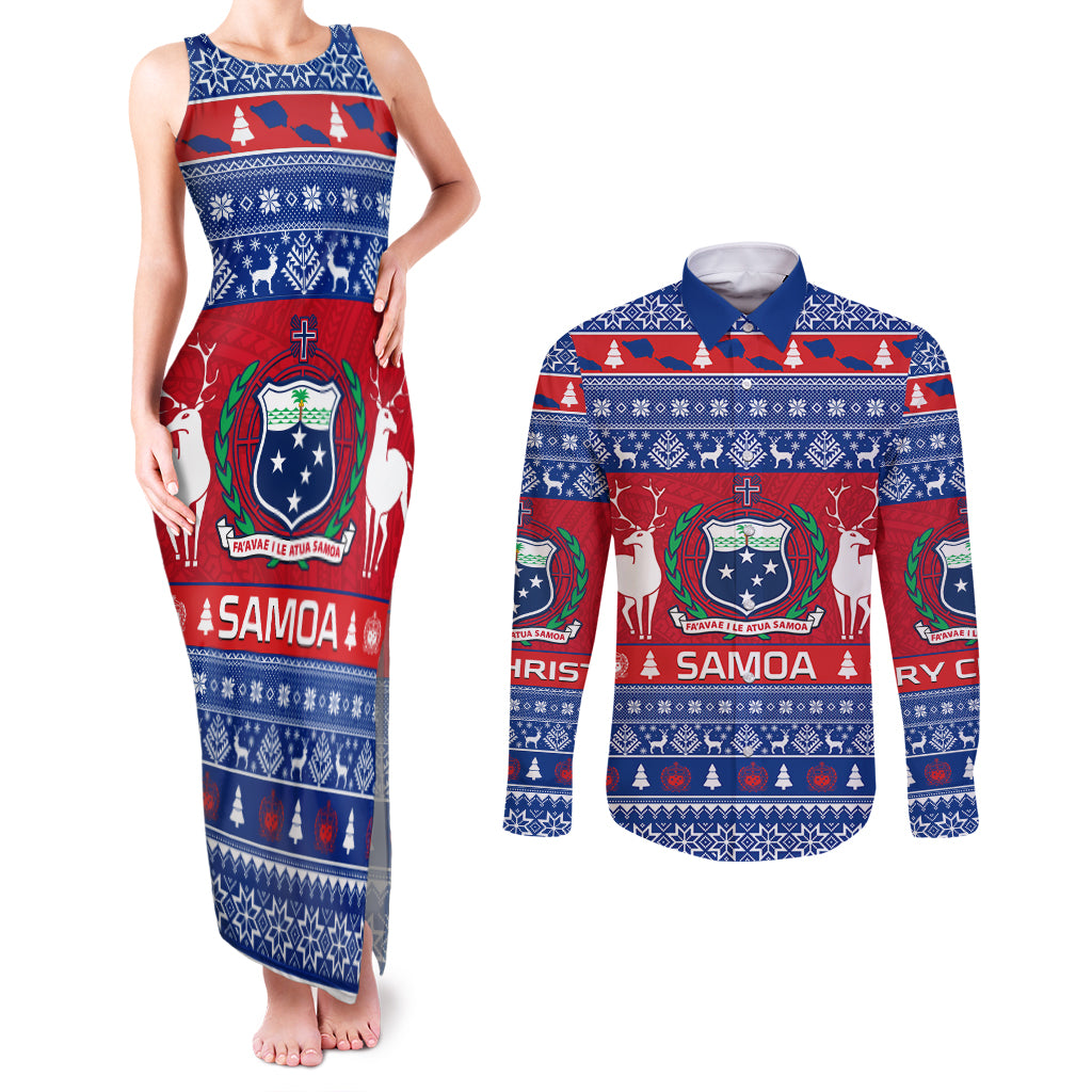 Personalised Samoa Christmas Couples Matching Tank Maxi Dress and Long Sleeve Button Shirts Samoan Coat Of Arms Manuia Le Kirisimas LT14 Blue - Polynesian Pride