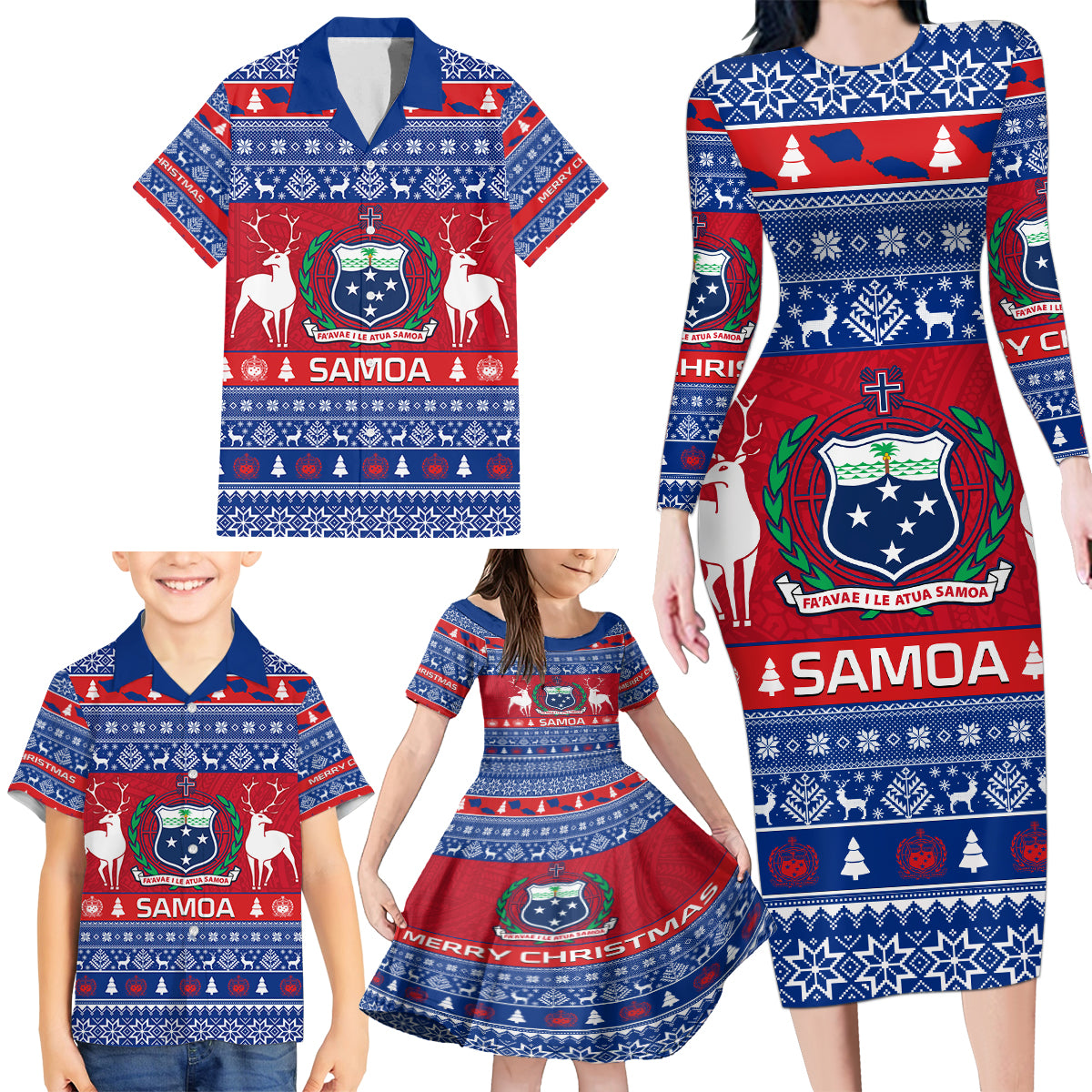 Personalised Samoa Christmas Family Matching Long Sleeve Bodycon Dress and Hawaiian Shirt Samoan Coat Of Arms Manuia Le Kirisimas LT14 - Polynesian Pride