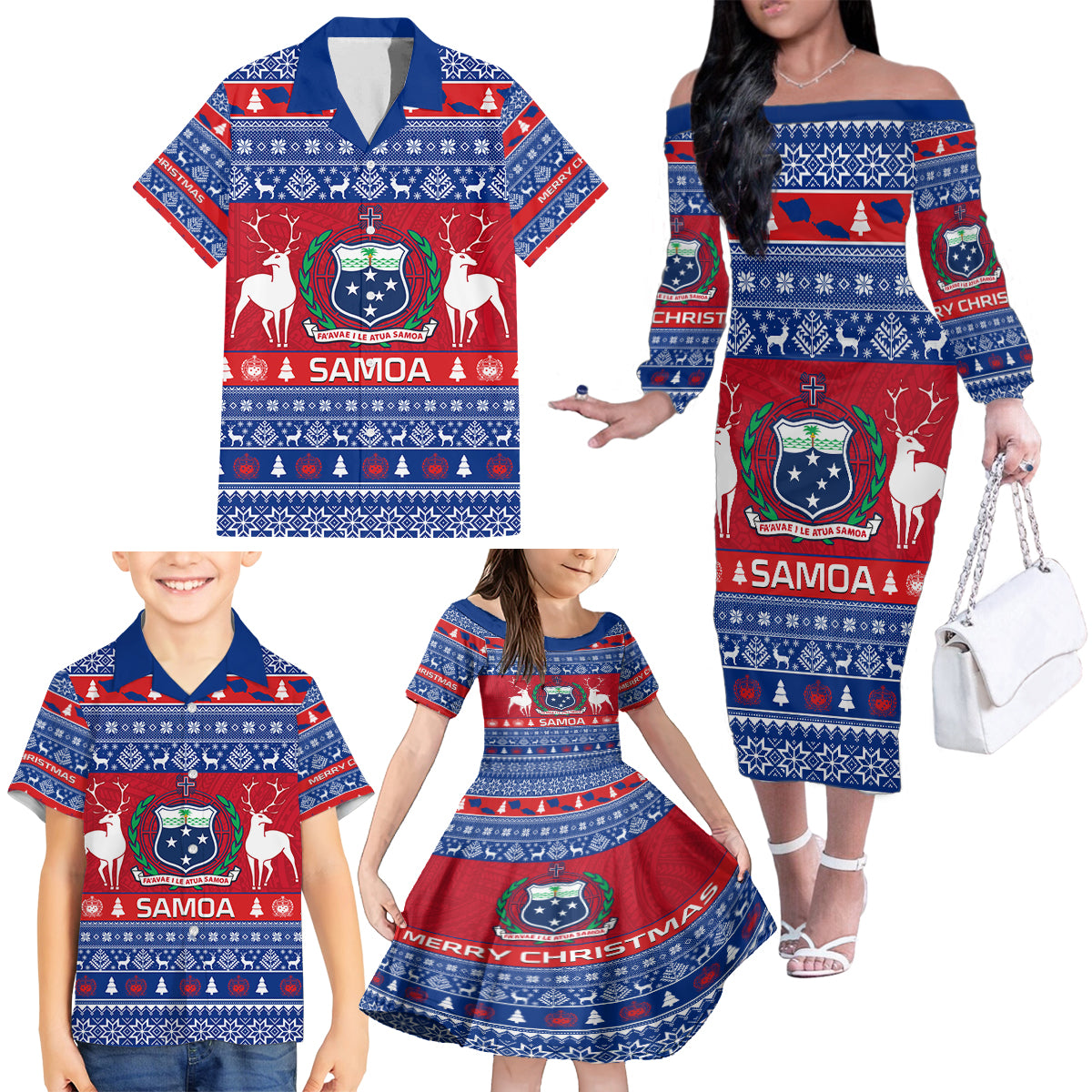 Personalised Samoa Christmas Family Matching Off Shoulder Long Sleeve Dress and Hawaiian Shirt Samoan Coat Of Arms Manuia Le Kirisimas LT14 - Polynesian Pride