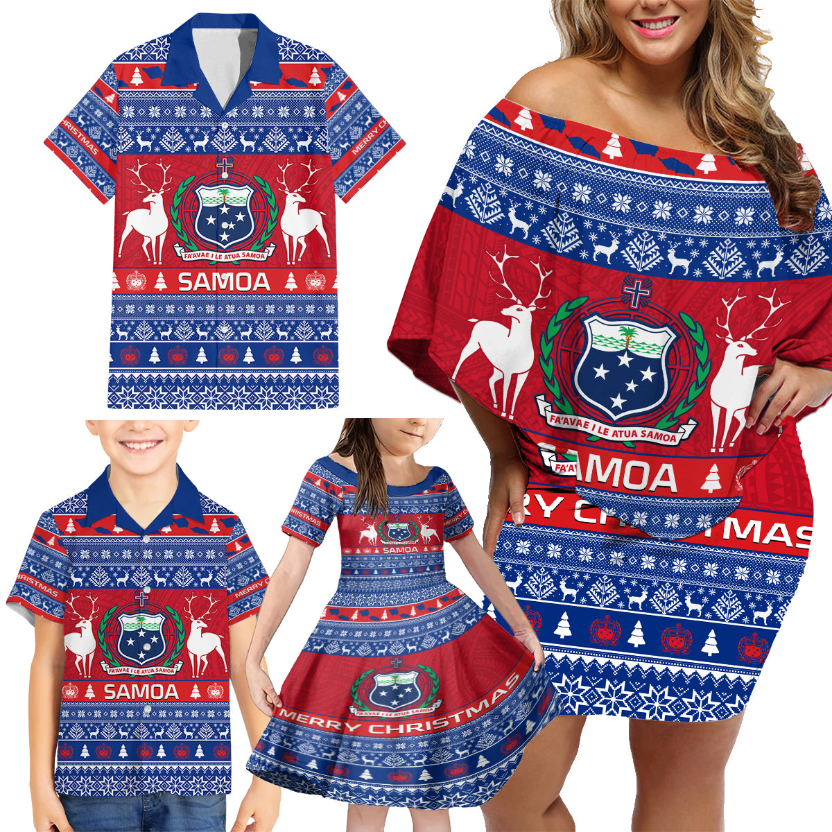 Personalised Samoa Christmas Family Matching Off Shoulder Short Dress and Hawaiian Shirt Samoan Coat Of Arms Manuia Le Kirisimas LT14 - Polynesian Pride