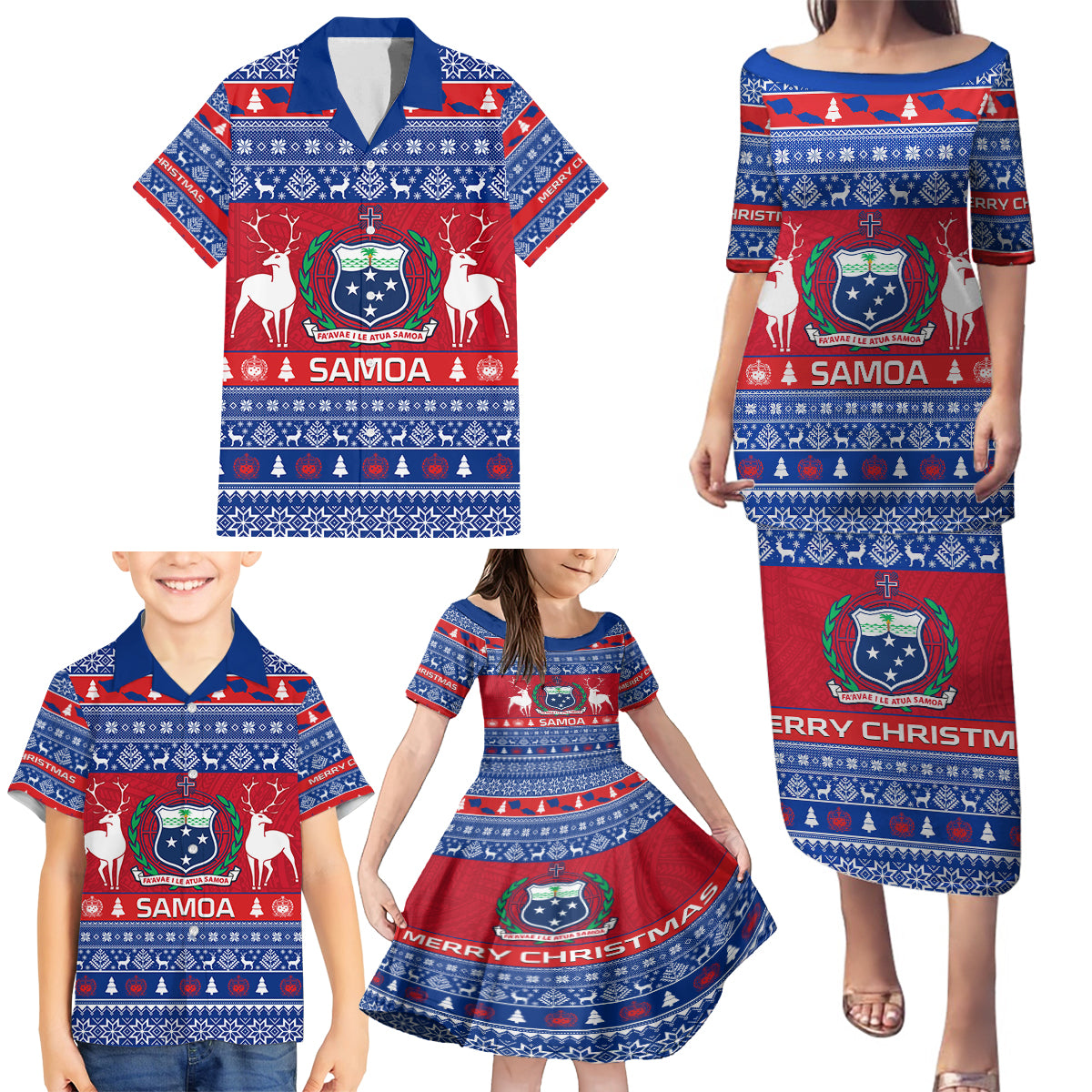 Personalised Samoa Christmas Family Matching Puletasi Dress and Hawaiian Shirt Samoan Coat Of Arms Manuia Le Kirisimas LT14 - Polynesian Pride