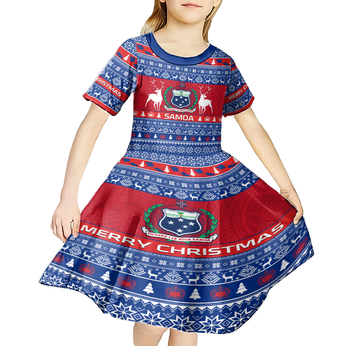 Personalised Samoa Christmas Kid Short Sleeve Dress Samoan Coat Of Arms Manuia Le Kirisimas LT14 - Polynesian Pride