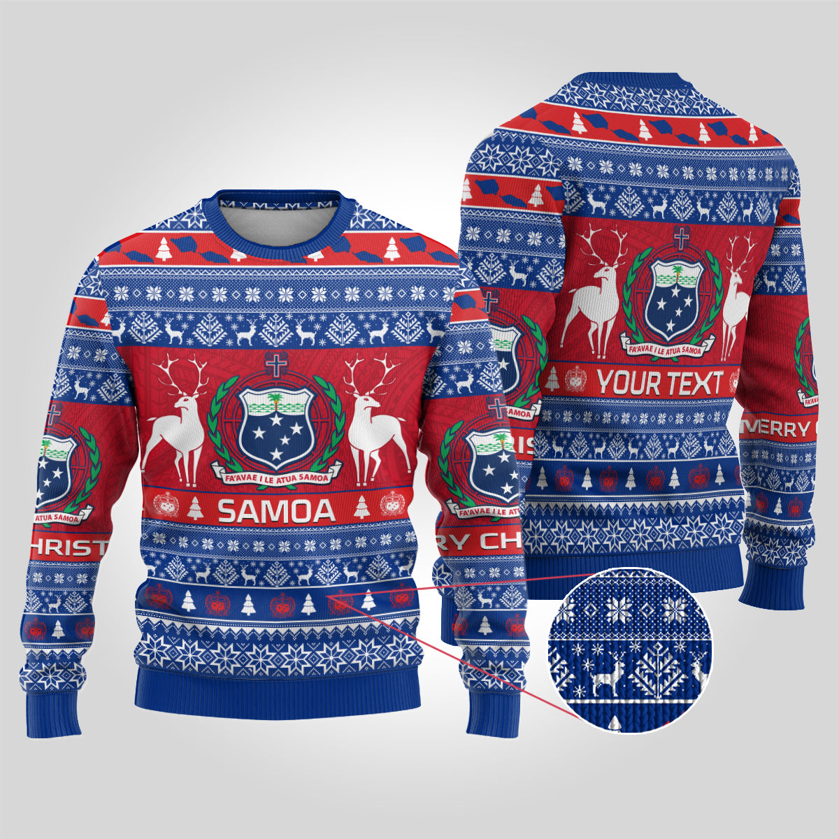 Personalised Samoa Christmas Ugly Christmas Sweater Samoan Coat Of Arms Manuia Le Kirisimas LT14 Blue - Polynesian Pride