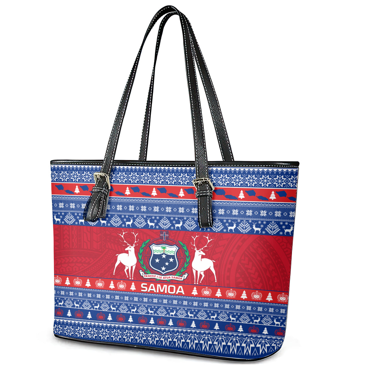 Personalised Samoa Christmas Leather Tote Bag Samoan Coat Of Arms Manuia Le Kirisimas LT14 - Polynesian Pride