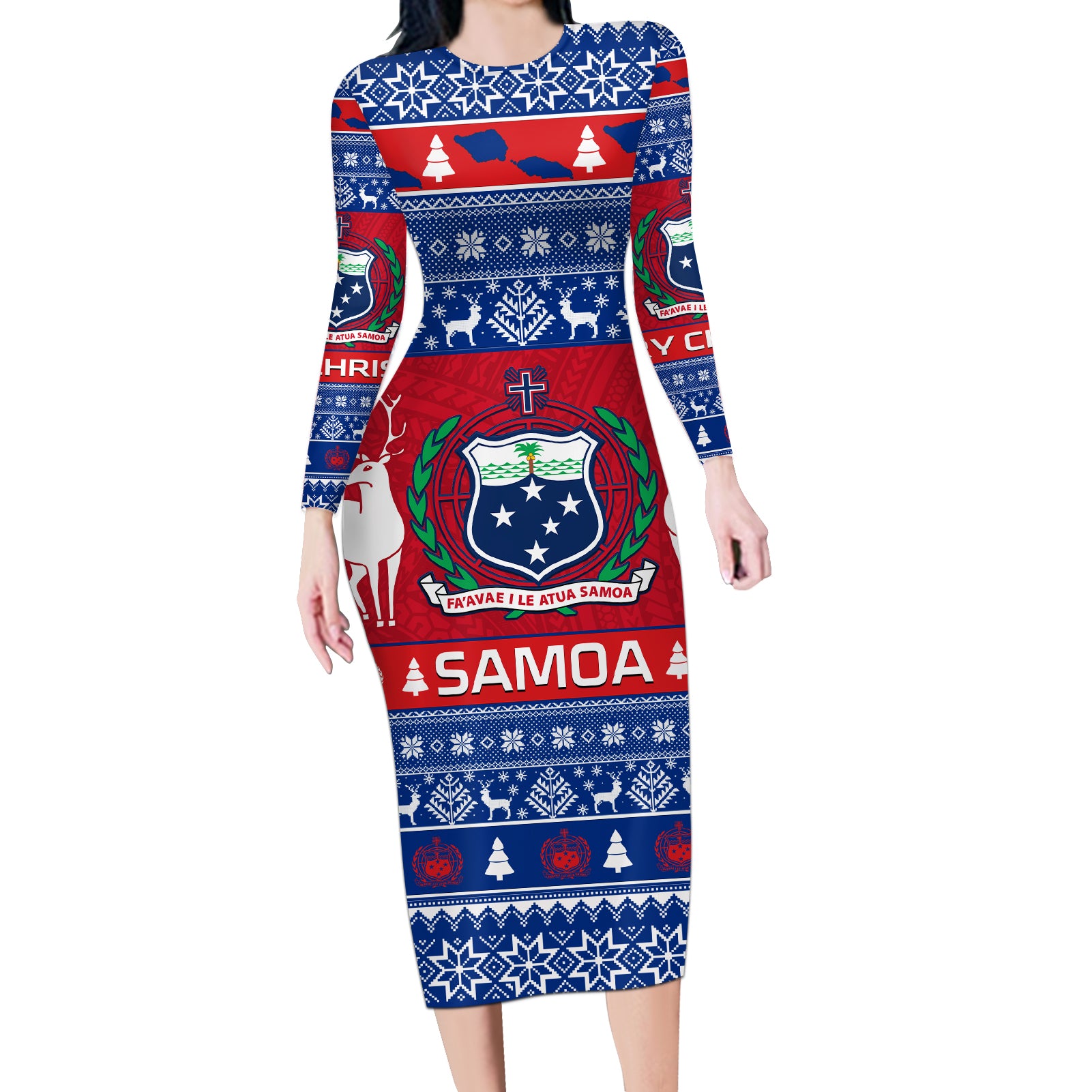 Personalised Samoa Christmas Long Sleeve Bodycon Dress Samoan Coat Of Arms Manuia Le Kirisimas LT14 Long Dress Blue - Polynesian Pride