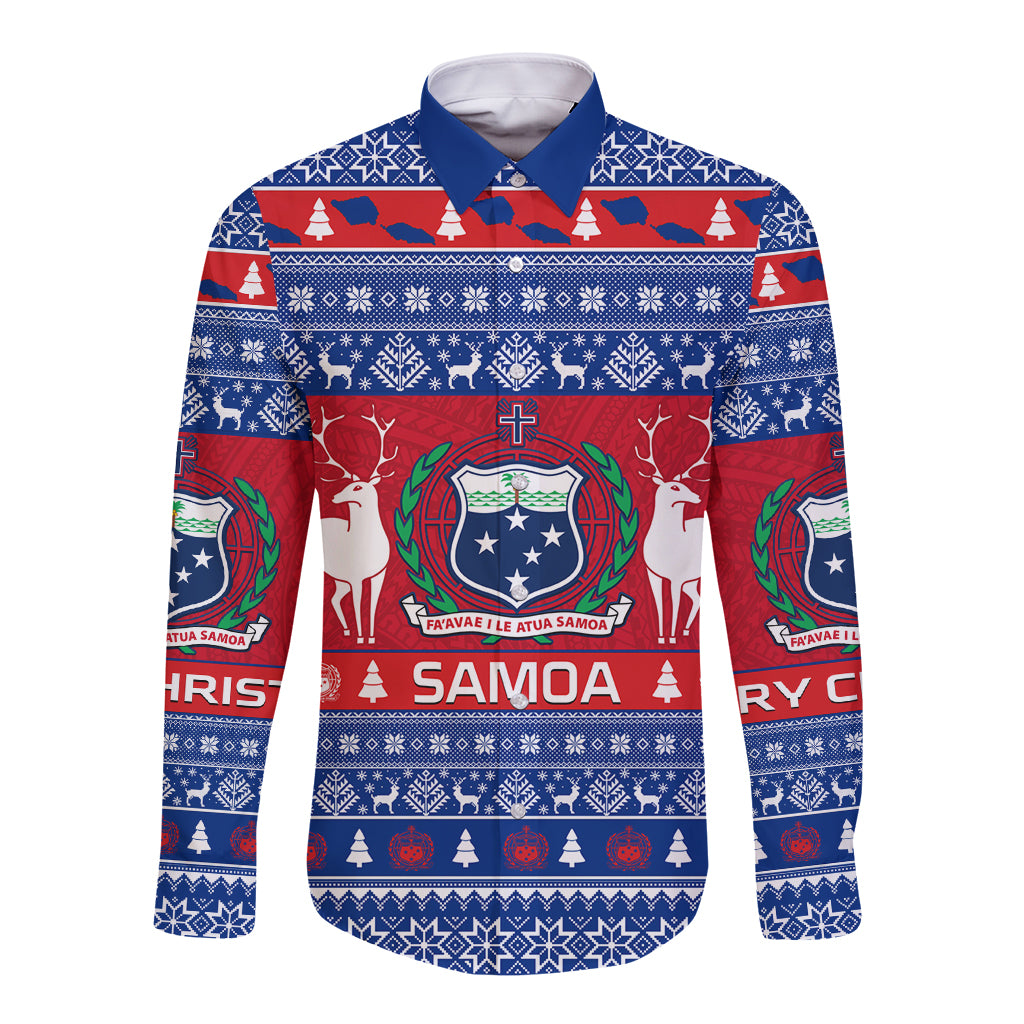 Personalised Samoa Christmas Long Sleeve Button Shirt Samoan Coat Of Arms Manuia Le Kirisimas LT14 Unisex Blue - Polynesian Pride