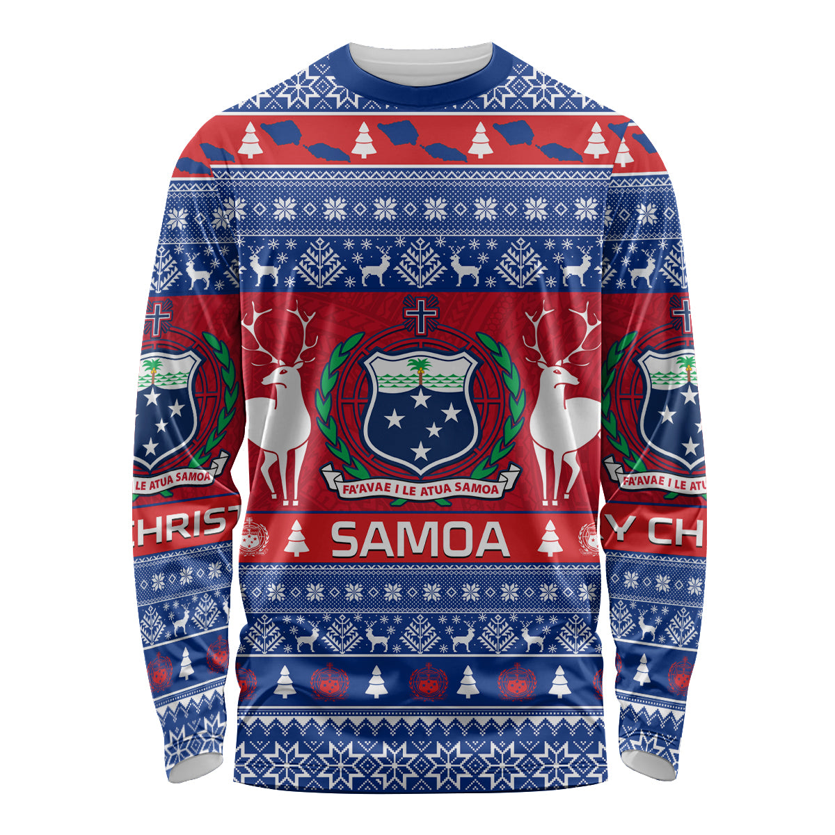 Personalised Samoa Christmas Long Sleeve Shirt Samoan Coat Of Arms Manuia Le Kirisimas LT14 Unisex Blue - Polynesian Pride