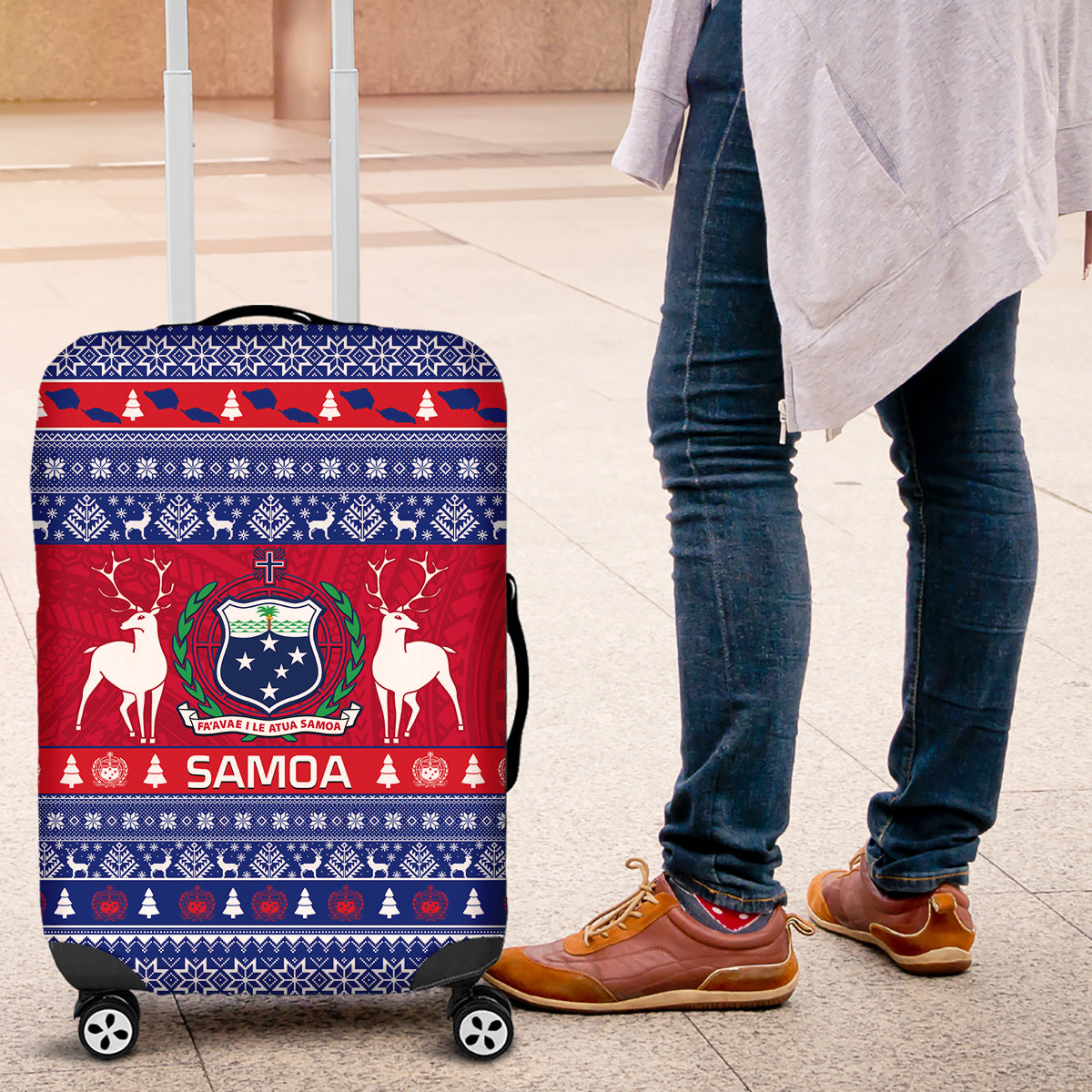 Personalised Samoa Christmas Luggage Cover Samoan Coat Of Arms Manuia Le Kirisimas LT14 Blue - Polynesian Pride