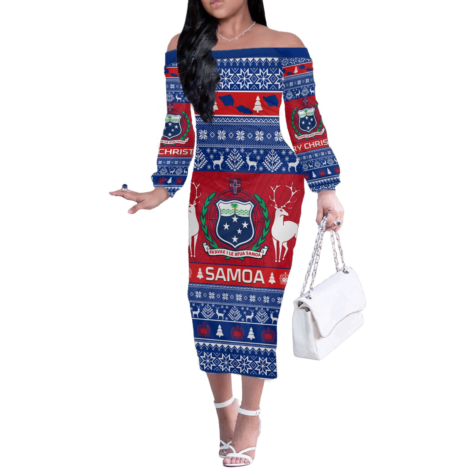 Personalised Samoa Christmas Off The Shoulder Long Sleeve Dress Samoan Coat Of Arms Manuia Le Kirisimas LT14 Women Blue - Polynesian Pride