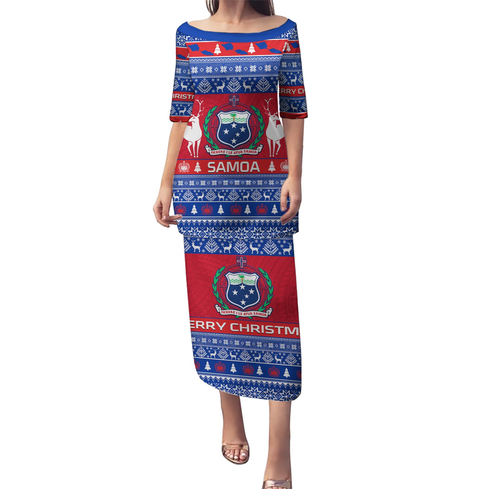 Personalised Samoa Christmas Puletasi Samoan Coat Of Arms Manuia Le Kirisimas LT14 Long Dress Blue - Polynesian Pride