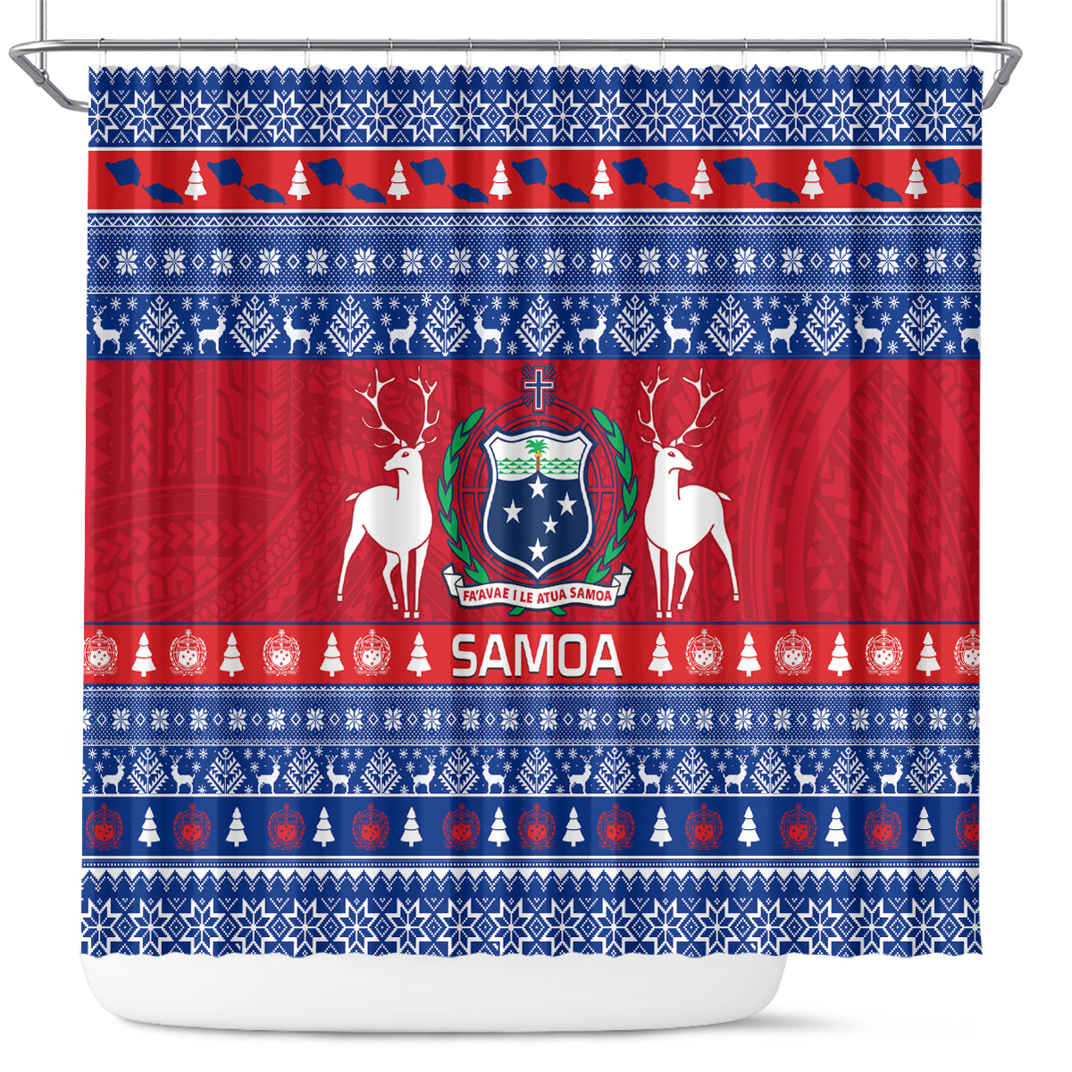 Personalised Samoa Christmas Shower Curtain Samoan Coat Of Arms Manuia Le Kirisimas LT14 Blue - Polynesian Pride