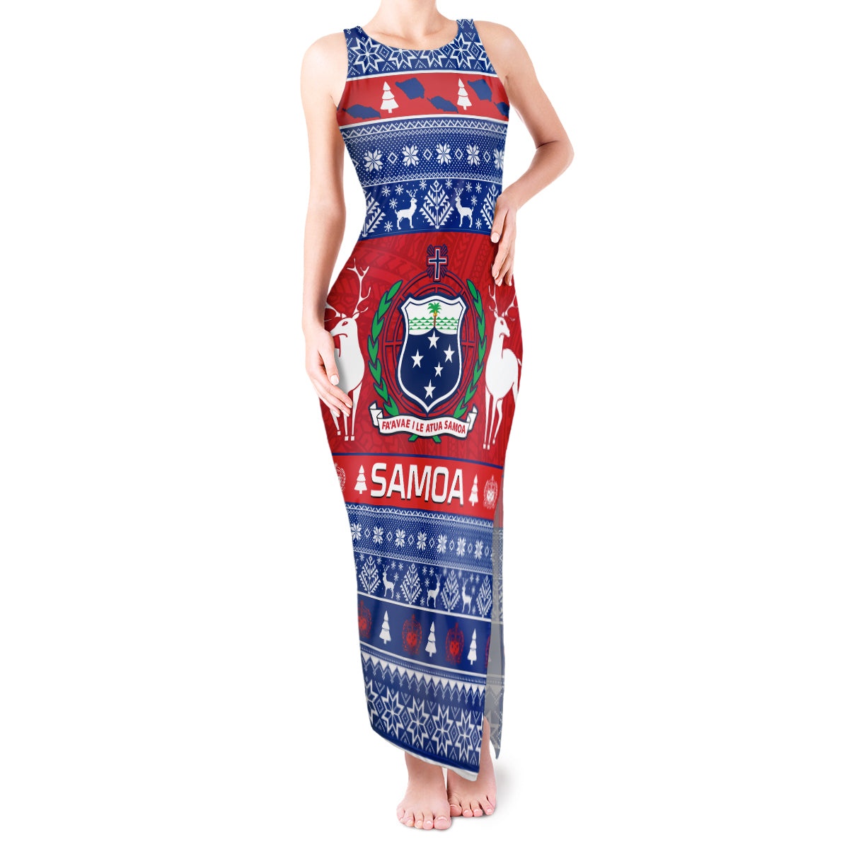 Personalised Samoa Christmas Tank Maxi Dress Samoan Coat Of Arms Manuia Le Kirisimas LT14 Women Blue - Polynesian Pride