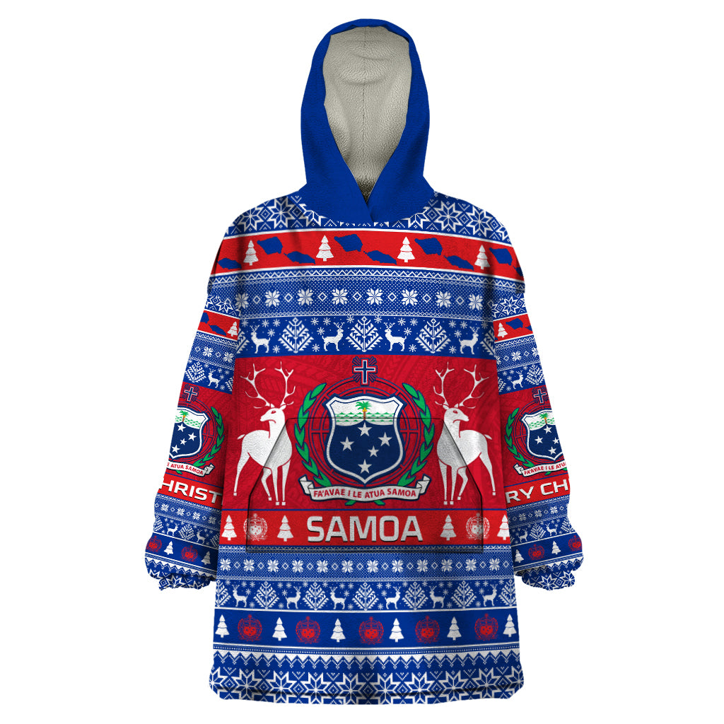 Personalised Samoa Christmas Wearable Blanket Hoodie Samoan Coat Of Arms Manuia Le Kirisimas LT14 One Size Blue - Polynesian Pride