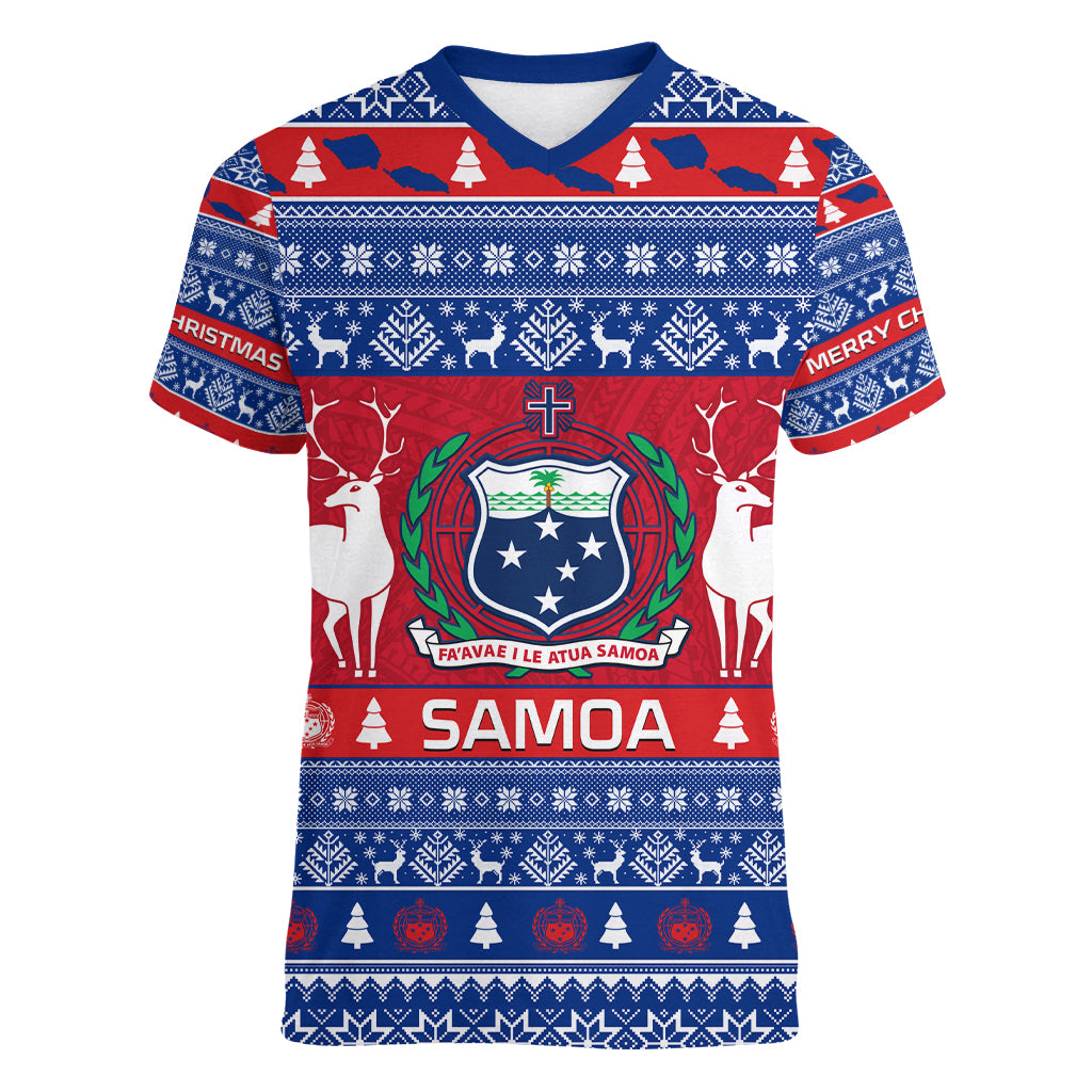 Personalised Samoa Christmas Women V Neck T Shirt Samoan Coat Of Arms Manuia Le Kirisimas LT14 Female Blue - Polynesian Pride