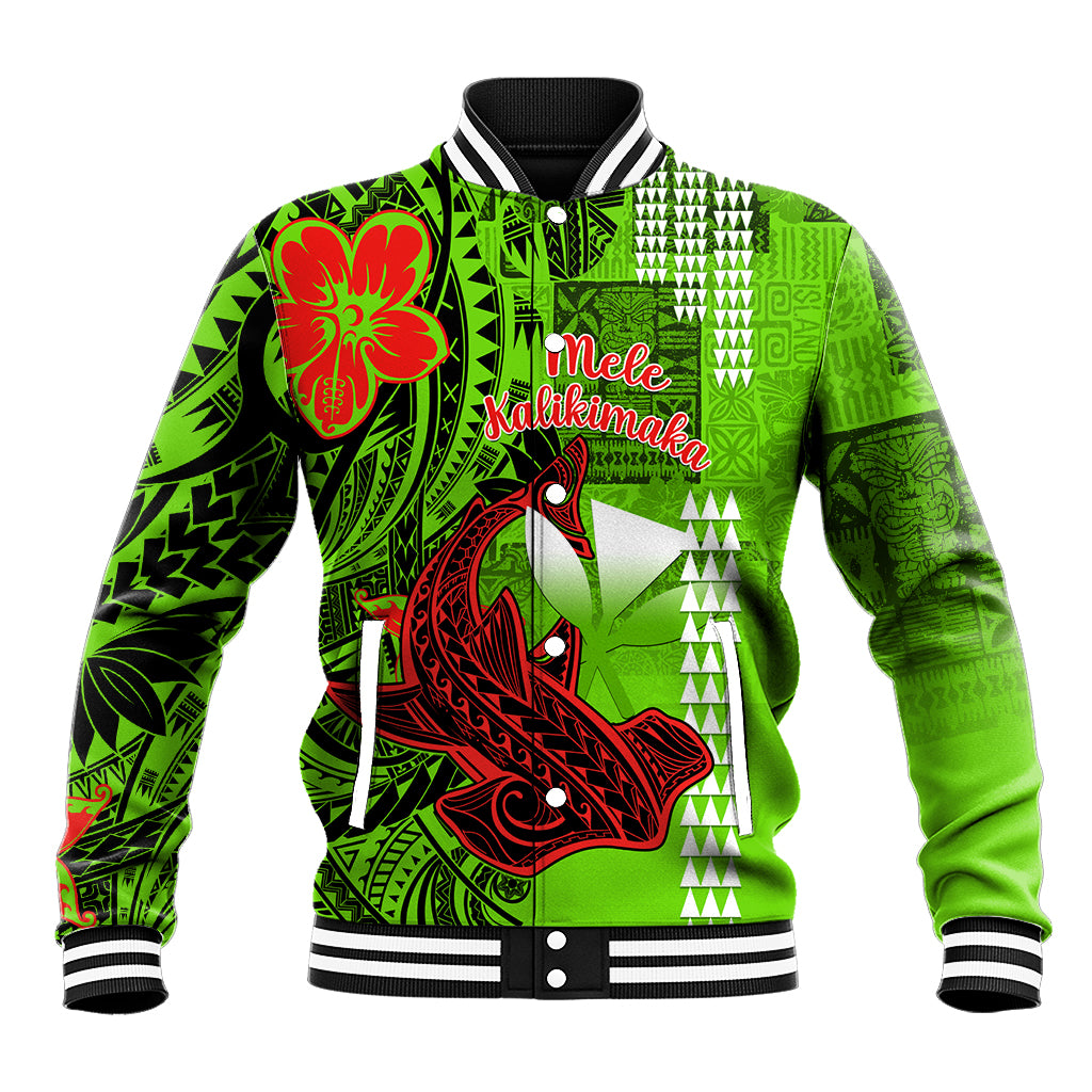 Personalised Hawaii Christmas Baseball Jacket Mele Kalikimaka Kakau Polynesian Shark Tattoo LT14 Unisex Green - Polynesian Pride