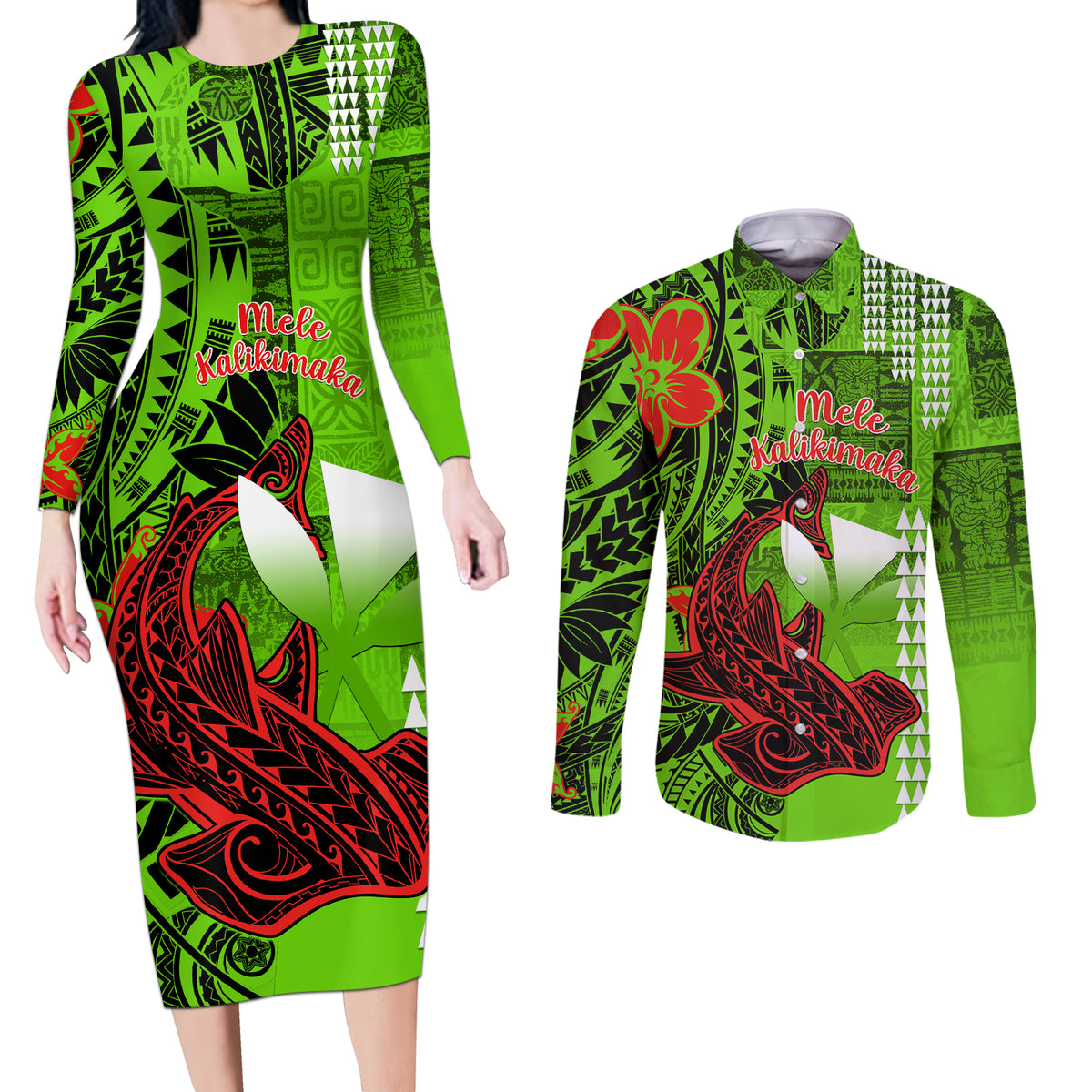 Personalised Hawaii Christmas Couples Matching Long Sleeve Bodycon Dress and Long Sleeve Button Shirts Mele Kalikimaka Kakau Polynesian Shark Tattoo LT14 Green - Polynesian Pride