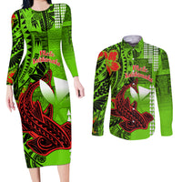 Personalised Hawaii Christmas Couples Matching Long Sleeve Bodycon Dress and Long Sleeve Button Shirts Mele Kalikimaka Kakau Polynesian Shark Tattoo LT14 Green - Polynesian Pride