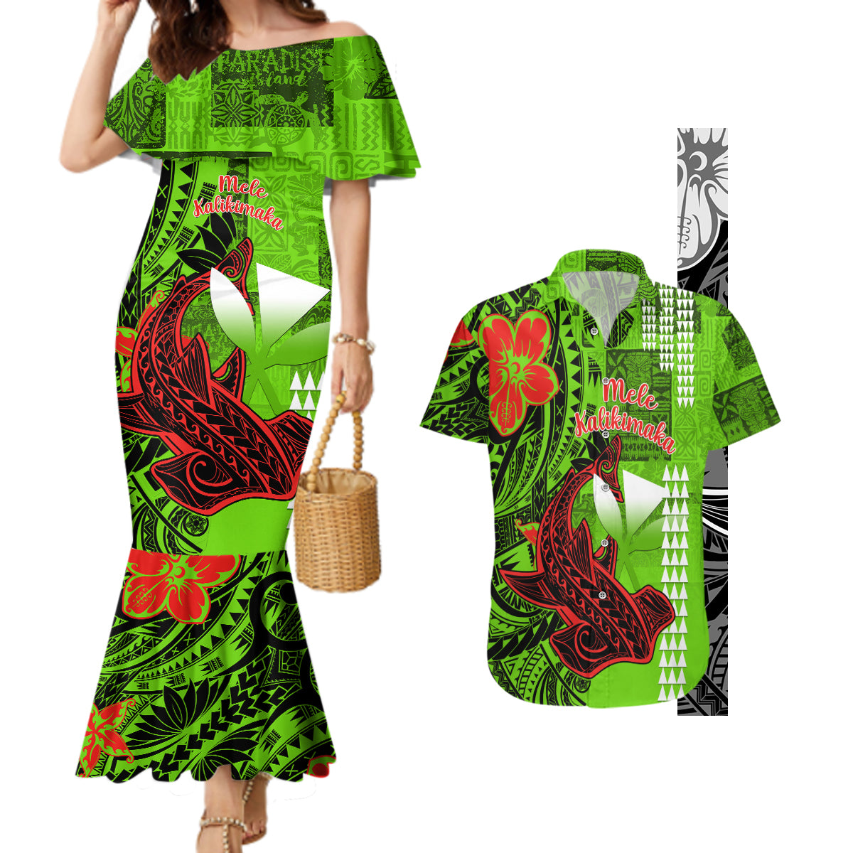 Personalised Hawaii Christmas Couples Matching Mermaid Dress and Hawaiian Shirt Mele Kalikimaka Kakau Polynesian Shark Tattoo LT14 Green - Polynesian Pride