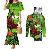 Personalised Hawaii Christmas Couples Matching Mermaid Dress and Long Sleeve Button Shirts Mele Kalikimaka Kakau Polynesian Shark Tattoo LT14 Green - Polynesian Pride
